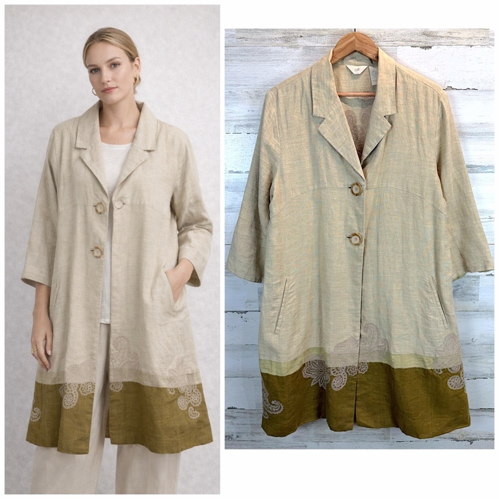 J.Jill Linen Longline Jacket Large Lagenlook Minimalist Neutral Embroidered Coat